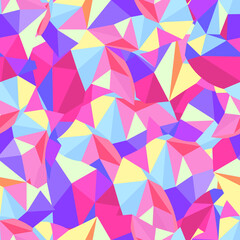 Fabric texture from coloured  triangles. Seamless pattern. Pink, violet and blue colours. Decorative design.