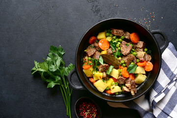 Beef stew with vegetables o. Top view with copy space.