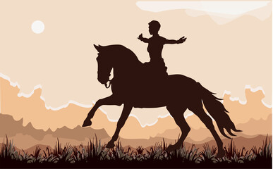 silhouette of a girl riding a horse on a field, a horsewoman