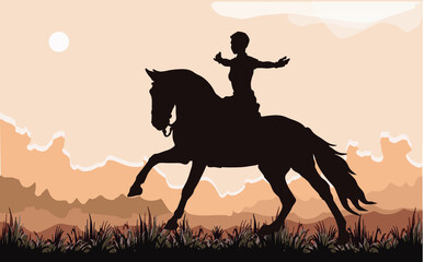 silhouette of a girl riding a horse on a field, a horsewoman