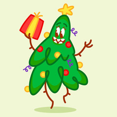 Funny and happy decorated Christmas tree with Christmas present in cartoon style. Colorful flat vector illustration for the holiday Christmas. Christmas. New Year.