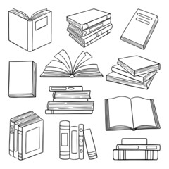 Set of Library books doodle.  Stack of books,open and closed books in sketch style. Hand drawn vector illustration isolated on white background.