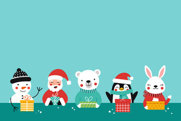Cheerful company of kids animals and Santa with gifts. Cute vector blank greeting card with place for text