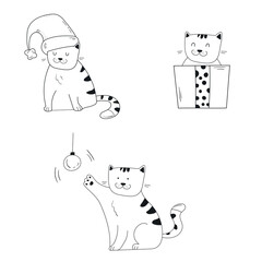 Set of cat for christmas and new year in doddle hand drawn style.