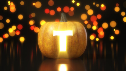 Letter T carved on Halloween pumpkin. 3d illustration with bokeh effect on background