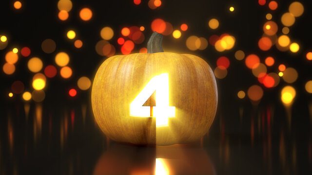 Number 4 carved on Halloween pumpkin. 3d illustration with bokeh effect on background