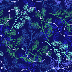 Nature winter seamless vector pattern. Pine branches and Christmas lights on dark background. 