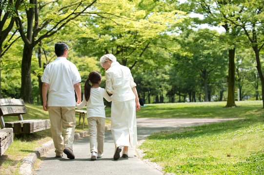 公園を散歩するシニア夫婦と孫後姿