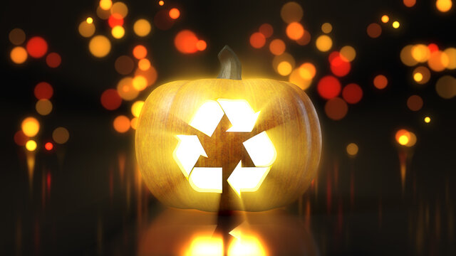 recycle symbol carved on Halloween pumpkin. 3d illustration with bokeh effect on background