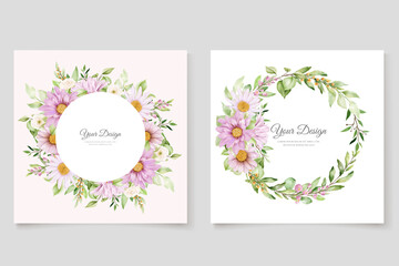 hand drawn daisy watercolor floral and leaves invitation card set 