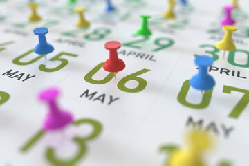 May 6 date and push pin on a calendar, 3D rendering