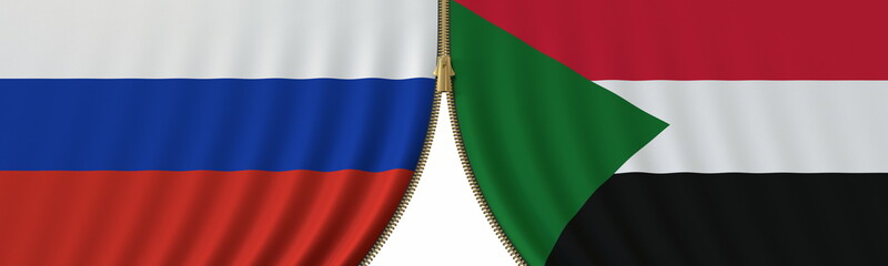 Flags of Russia and Sudan and closing or opening zipper between them. Political negotiations or interaction conceptual 3D rendering