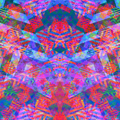 Fototapeta na wymiar Imagen de arte digital fractal compuesta por formas geométricas y ángulos entrelazados en colores vivos.