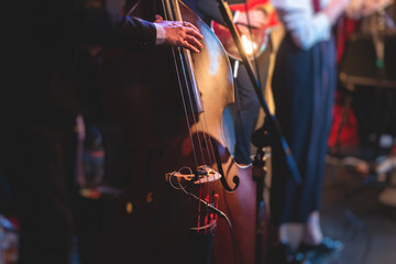 Concert view of a contrabass violoncello player with vocalist and musical band during jazz orchestra band performing music, violoncellist cello jazz player on the stage - obrazy, fototapety, plakaty