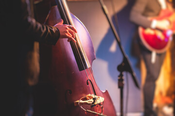 Concert view of a contrabass violoncello player with vocalist and musical band during jazz orchestra band performing music, violoncellist cello jazz player on the stage - obrazy, fototapety, plakaty