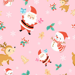 Christmas pattern. Seamless pattern with Santa Claus, Snowman and Reindeer. Holiday background. Vector.