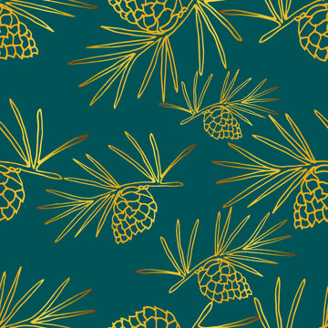 Нand-drawn seamless christmas pattern with golden pine cones. Vector illustration for wrapping paper, cards, textiles and wallpaper.