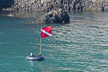 A diving or scuba flag floats on a buoy above divers.