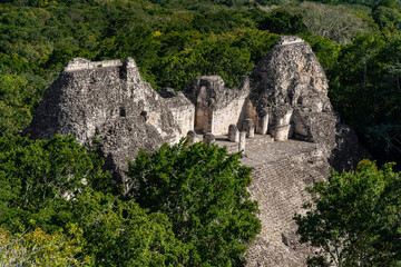 Amazing Mayan architecture ruins, great Calakmul pyramid, awesome Mexico latin pre Hispanic culture, holiday Campeche summer trip, aerial view   