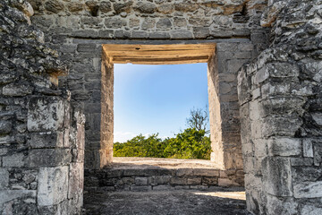 Mayan view, Great Calakmul pyramid, Amazing window architecture ruins, awesome Mexico latin pre Hispanic culture, ancient building vacation, down postcard