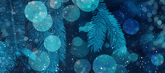 Christmas and New Year Magical Blue Bokeh Lights and Winter Snow Background Abstract Defocused...