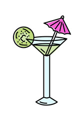 Vector illustration of an isolated glass of cocktail for banner, menu, wine card, poster, advertisement, or printing on clothes. Doodle multi colored hand drawn object
