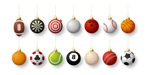 Realistic Sport Christmas balls set. Christmas set with sport baseball, basketball, football, tennis, cricket, soccer, volleyball, bowling, billiard balls hang on a thread. Vector illustration © lunarts_studio