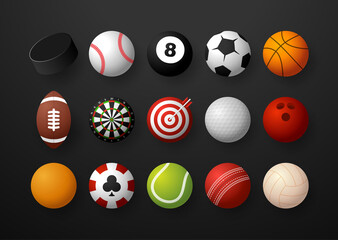Sports equipment set. Realistic sports balls vector big set isolated on black background.