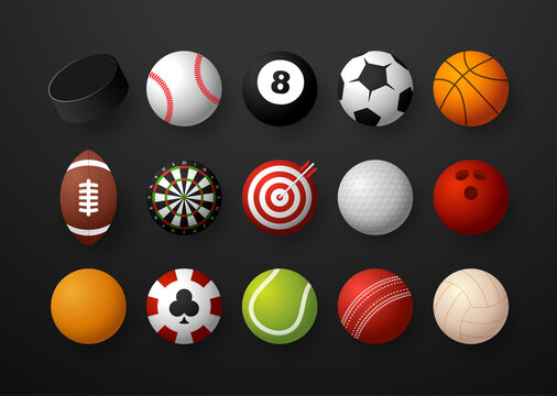 Sports equipment set. Realistic sports balls vector big set isolated on black background. © lunarts_studio