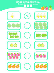 Math educational game for children. Choose more, less or equal game. Tropical fruit math theme game.  Educational printable math worksheet. Vector illustration in cartoon style.