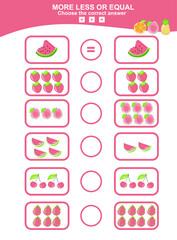 Math educational game for children. Choose more, less or equal game. Tropical fruit math theme game.  Educational printable math worksheet. Vector illustration in cartoon style.