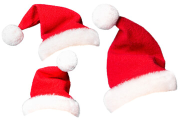 Santa Claus Christmas red hats on white background, isolated.