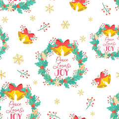 Christmas pattern. Seamless pattern with Christmas wreath, and snow. Holiday background. Vector.
