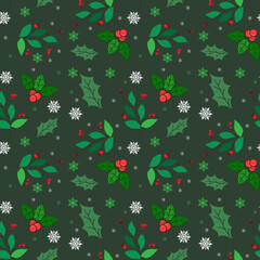 Hand drawn abstract Christmas seamless pattern with holly berries and snowflakes on green background