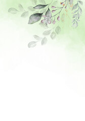 Pale green leaves with golden dust - botanical design banner. Floral pastel watercolor border frame.