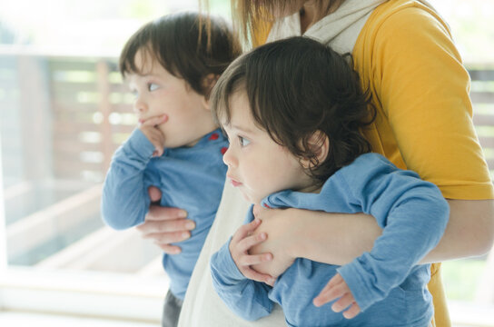 抱っこされている双子の男の子たち