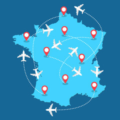 Planes routes flying over France map, tourism and travel concept Illustrations