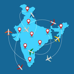 Planes routes flying over India map, tourism and travel concept Illustrations