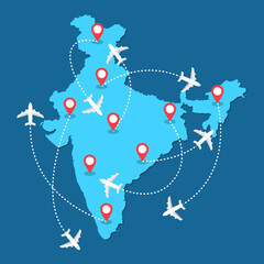 Planes routes flying over India map, tourism and travel concept Illustrations