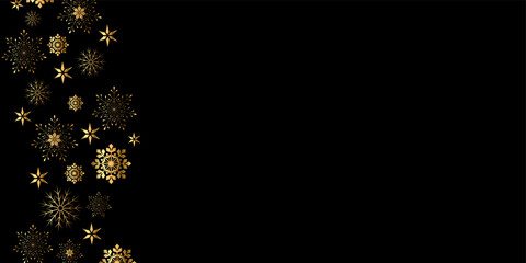 Vector. Elegant black Christmas background with shiny golden snowflakes. Festive banner, frame from golden snowflakes. Copy space for text. Merry Christmas and Happy New Year. Dark background.