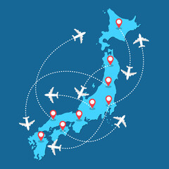 Planes routes flying over Japan map, tourism and travel concept Illustrations
