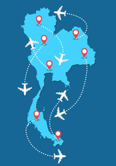Planes routes flying over Thailand map, tourism and travel concept Illustrations