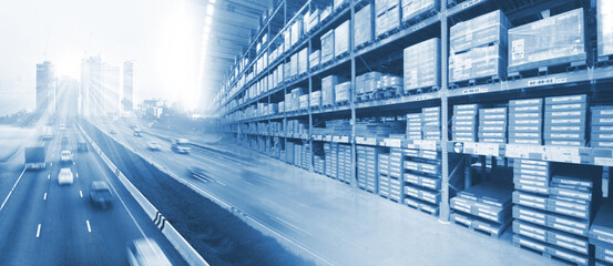 Double exposure of delivery industry and logistics concept container truck , transport and import-export commercial logistic