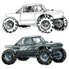 Truck car isolated on white background.Racing car. abstract silhouette. line art. Monster Truck. vector illustration. © wendy