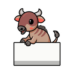 Cute little wildebeest cartoon with blank sign