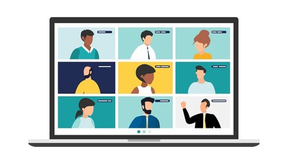 people connecting together, learning or meeting online with teleconference. Video conference remote working on laptop computer. Work from home and work from anywhere concept, flat vector illustration