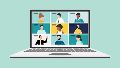 people connecting together, learning or meeting online with teleconference. Video conference remote working on laptop computer. Work from home and work from anywhere concept, flat vector illustration