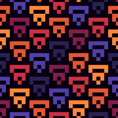 Geometric pixel art seamless pattern. Retro arcade game motif geo print. Repeated arcs, brackets background