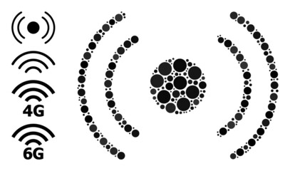 Round dot combination radio internet. Vector mosaic is based on radio internet symbol, and composed of scattered circle parts. Vector icon of radio internet composed of scattered spheric pixels.