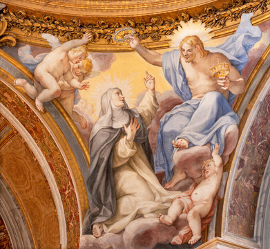 ROME, ITALY - SEPTEMBER 2, 2021: The fresco Glory of St. Catherine of Siena in the cupola of church Basilica di Santa Sabina by Giovani Battista Contini (1671).